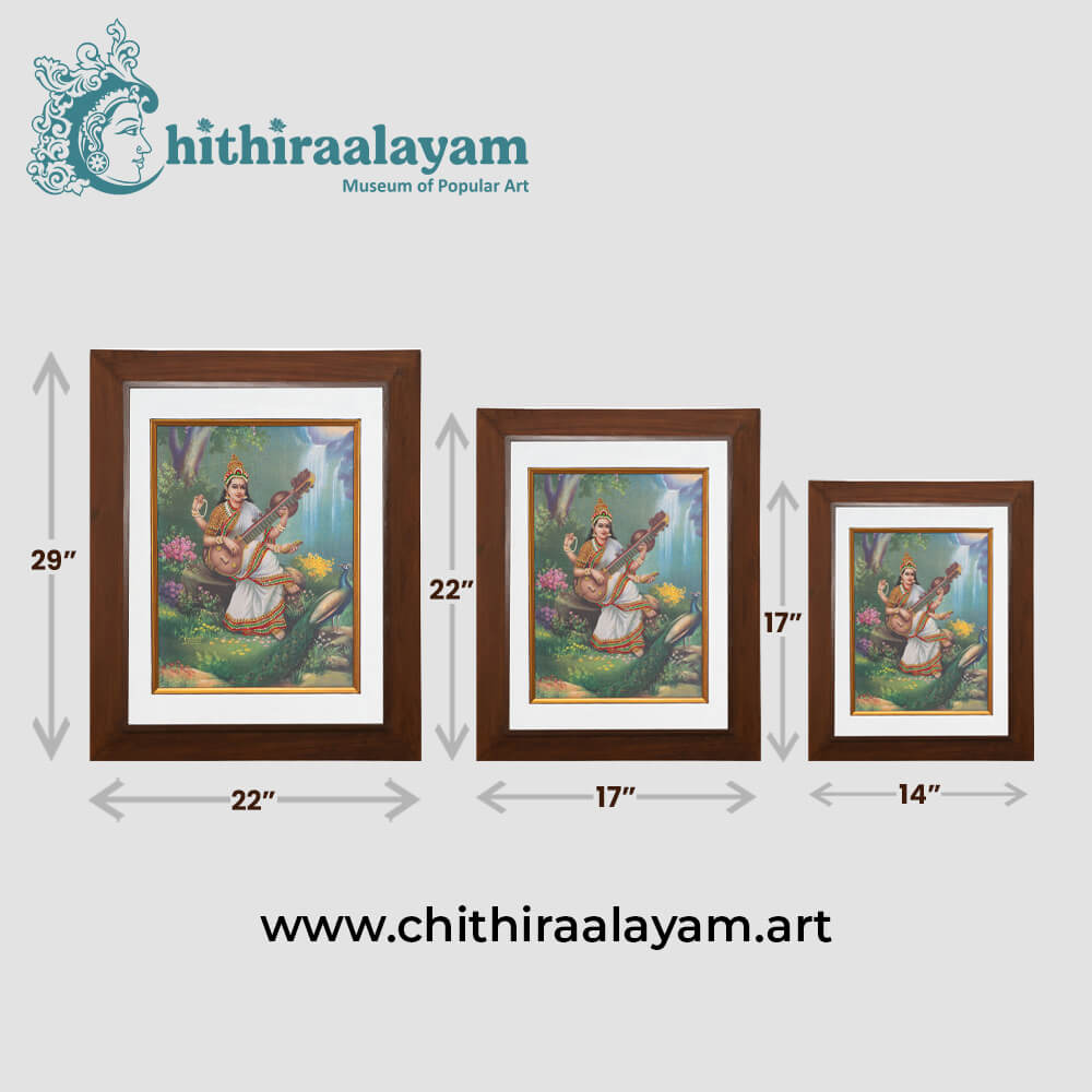 Size and dimension chart for Sri Saraswathi raw silk embroidery painting in teak wood frame