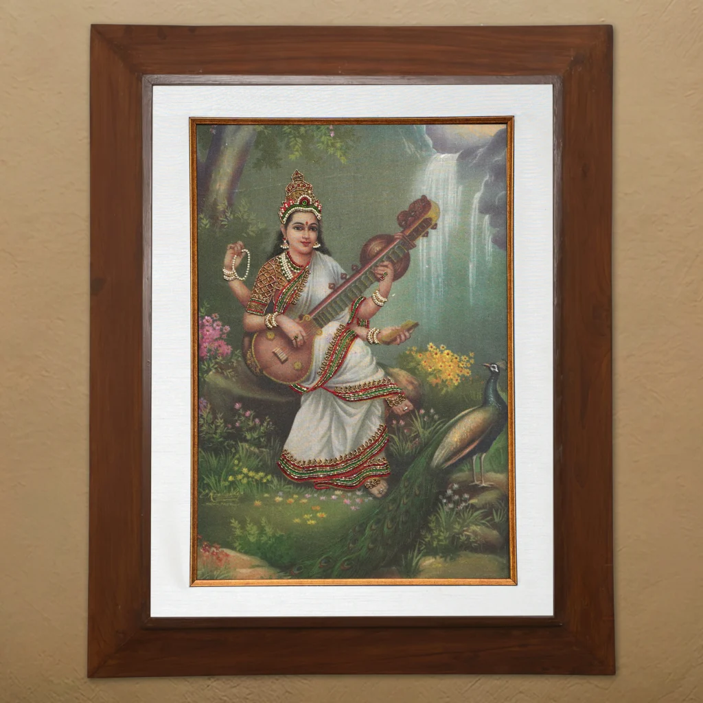 Sri Saraswathi silk embroidery wall art framed in teak wood for pooja room and living room decor