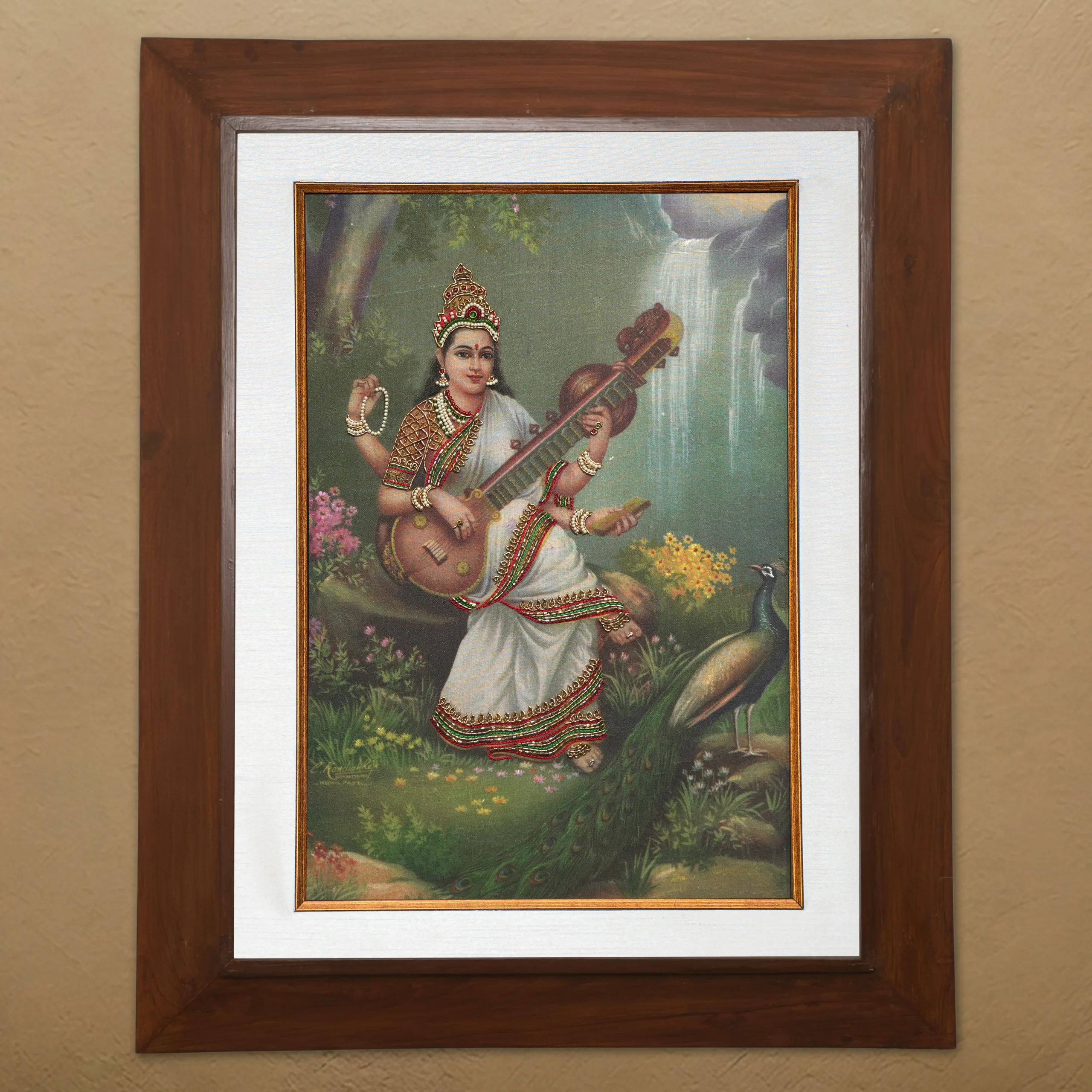 Sri Saraswathi silk embroidery wall art framed in teak wood for pooja room and living room decor