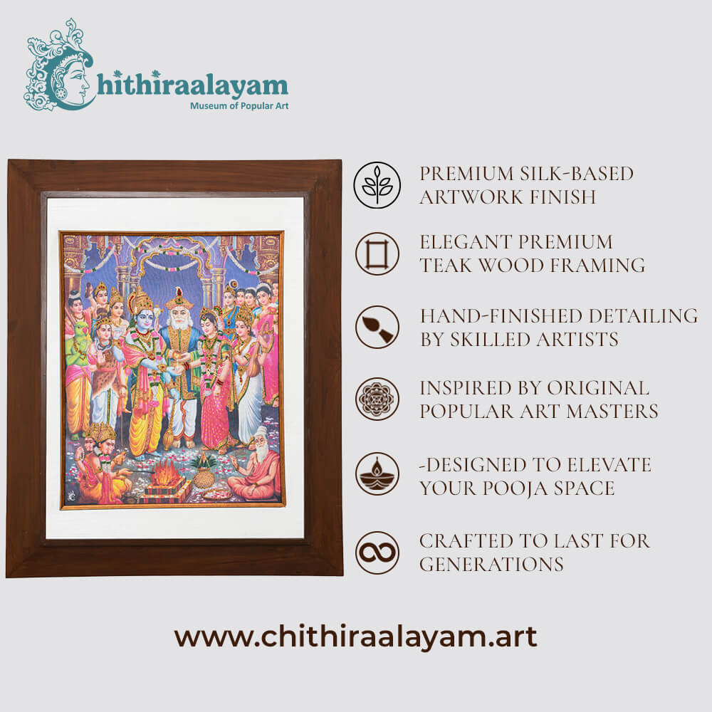 Srinivasa Thiru Kalyanam devotional art highlighting premium raw silk, Ari and Zardoshi embroidery and antique teak wood finish