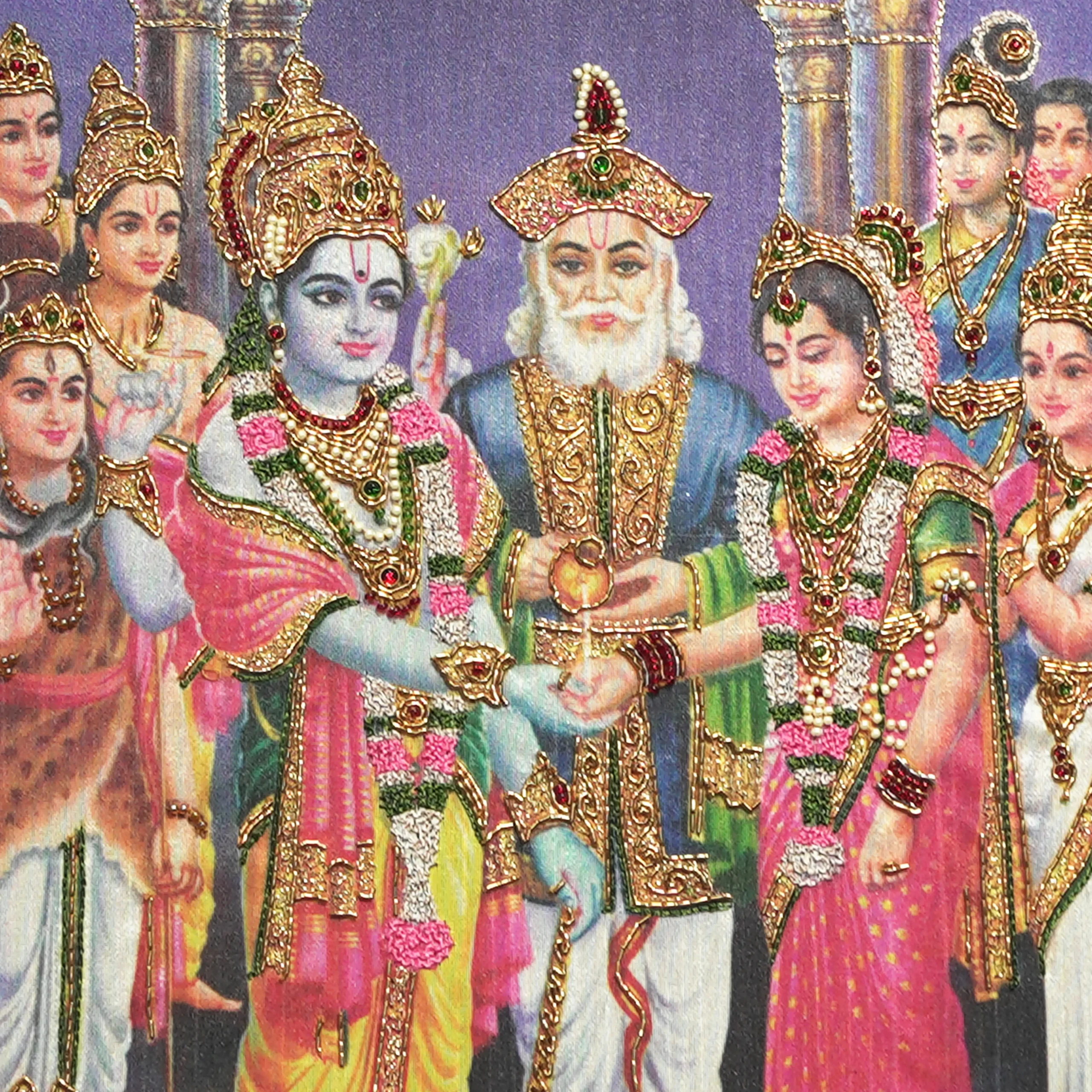 Close-up of Srinivasa Thiru Kalyanam face and crown detail with handcrafted Ari and Zardoshi embroidery on raw silk