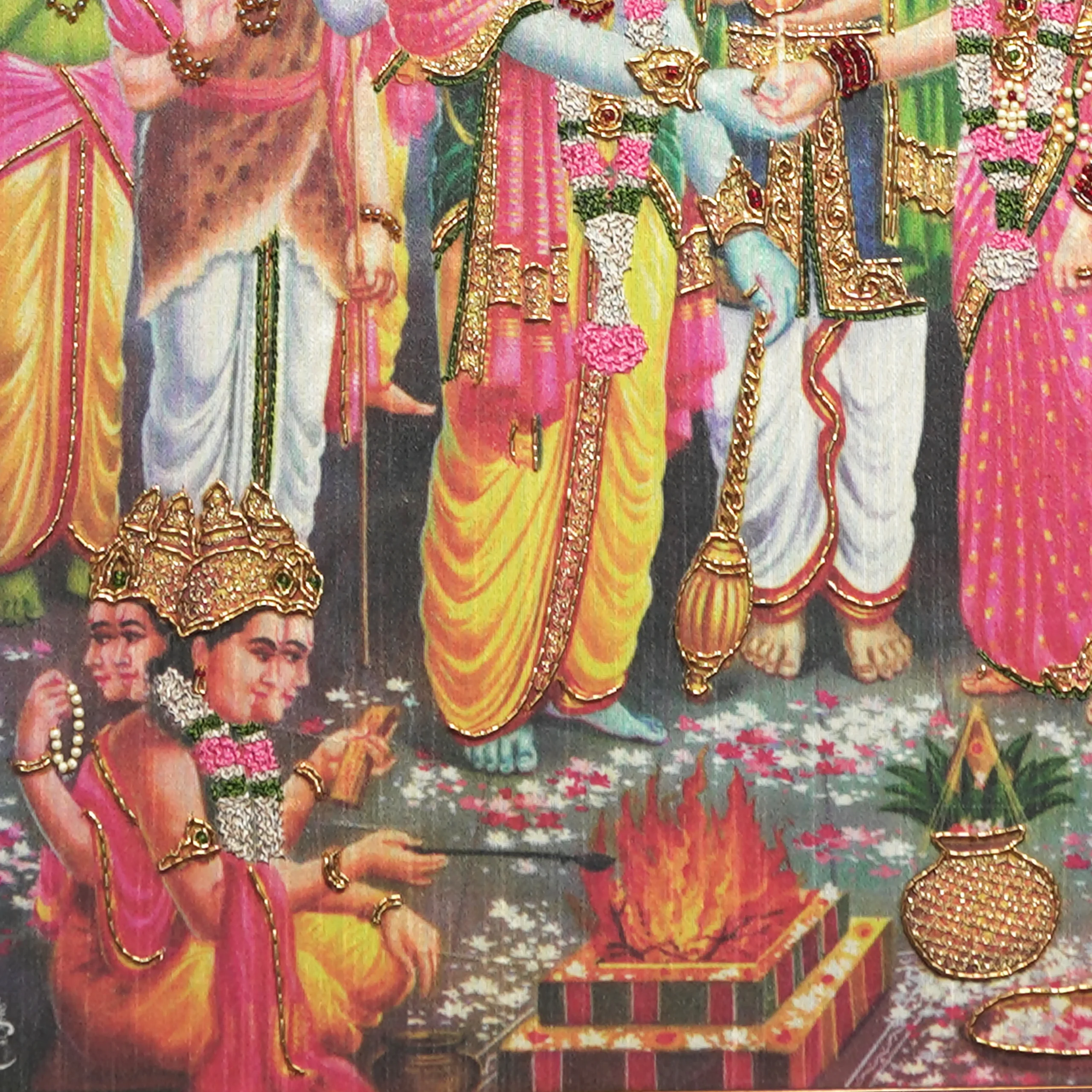 Close-up of Srinivasa Thiru Kalyanam lower body embroidery showing intricate Zardoshi threadwork on raw silk
