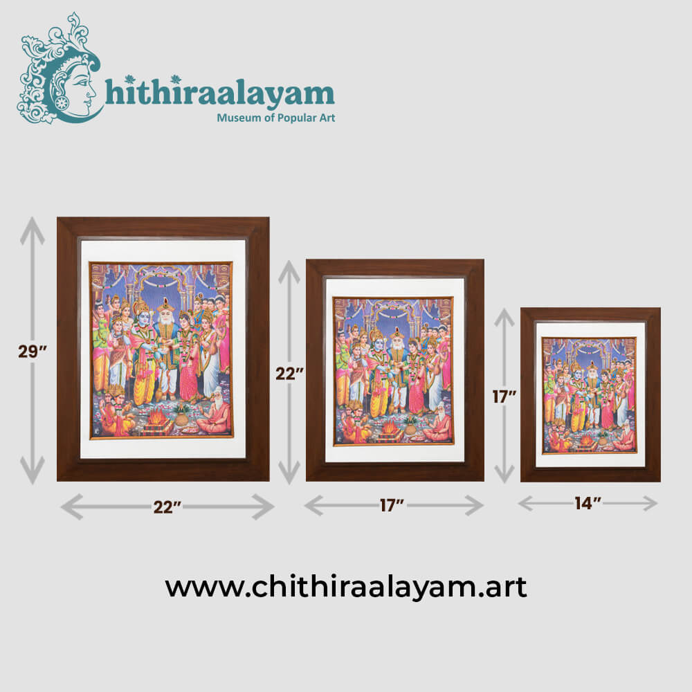 Size and dimension chart for Srinivasa Thiru Kalyanam raw silk embroidery painting in teak wood frame