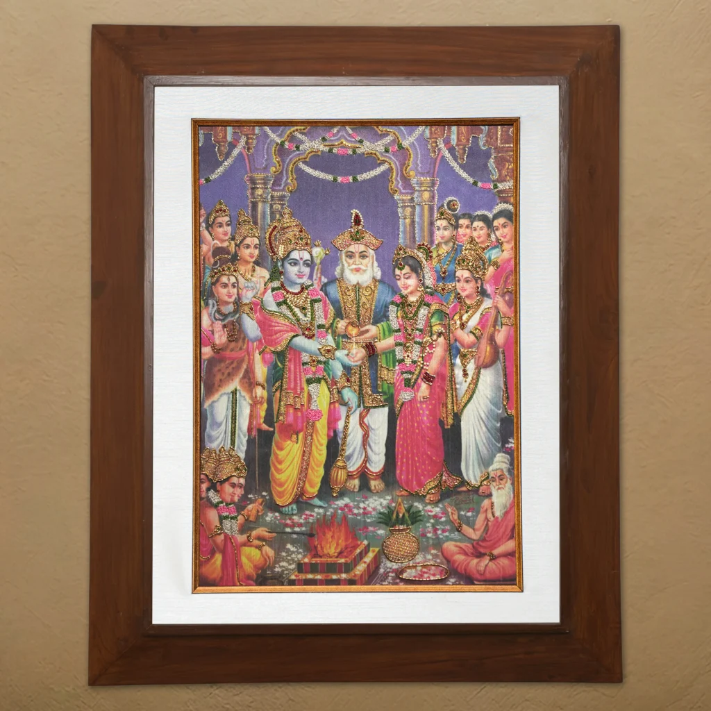 Srinivasa Thiru Kalyanam silk embroidery wall art framed in teak wood for pooja room and living room decor